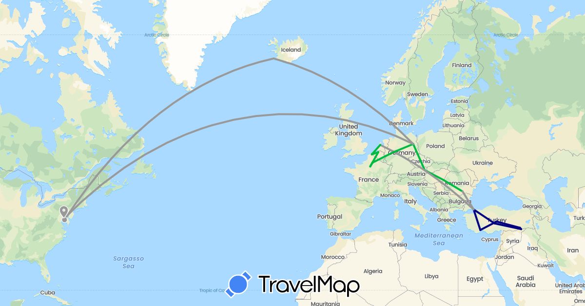 TravelMap itinerary: driving, bus, plane in Austria, Belgium, Germany, France, Iceland, Netherlands, Romania, Turkey, United States (Asia, Europe, North America)